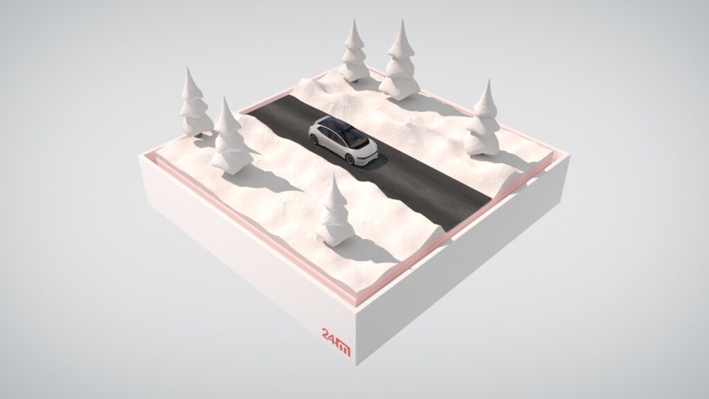 eternalyte batterien 24m technologie Grafik animation wo ein auto in einer schneelandschaft auf einer strasse zu sehen ist